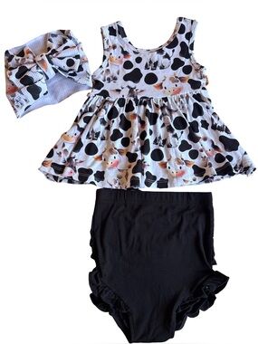 Girls Bamboo Cow Print 3-Piece Dress Set with Bloomers & Headwrap 18-24 months
